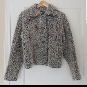 Vintage Trendy Fur Style Heather Gray Button Front Long Sleeve Short Jacket Sz 2